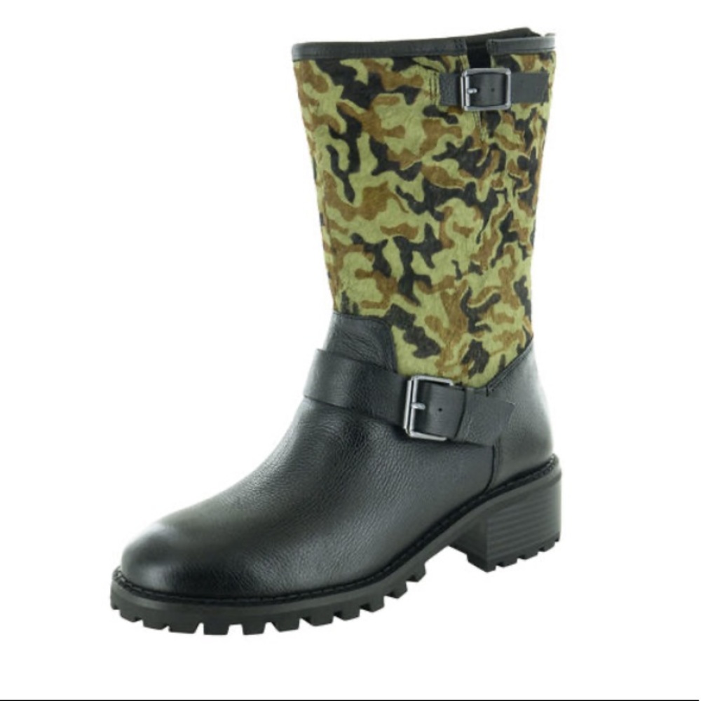 LOGO Paige leather biker moto boot with camo tops, back zip, chunky tread, sz 11